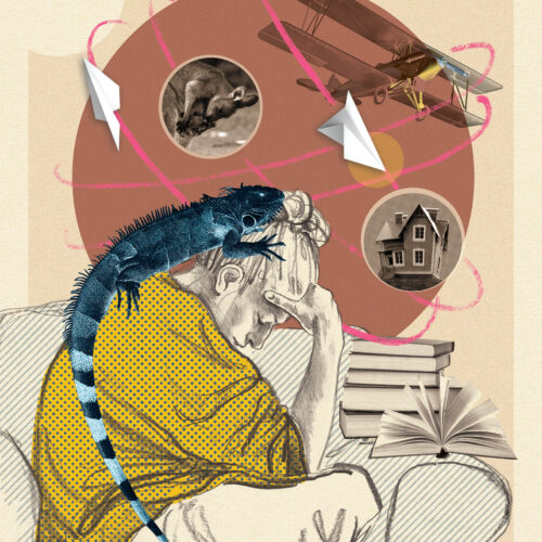 Osoba w żółtej bluzie siedzi zmartwiona na fotelu a nad jej głową krążą symbole ludzkich emocji.